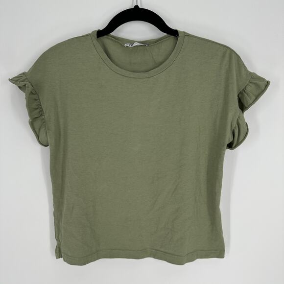 ZARA Green Ruffle Sleeve Womens Elevated Basic T-Shirt Small - Picture 1 of 4